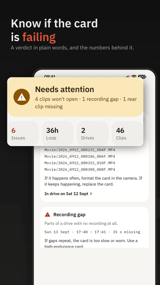 A card verdict of needs attention: clips that will not open, a recording gap, a missing rear clip