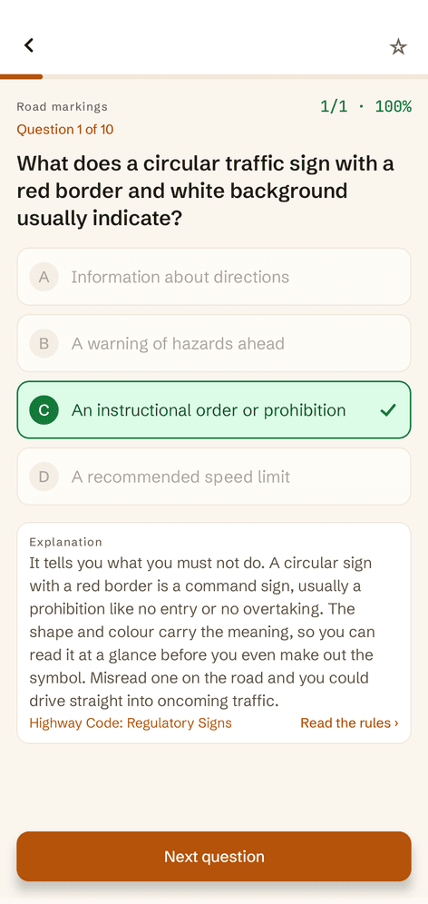 An answer explanation tied to the Highway Code rule behind it