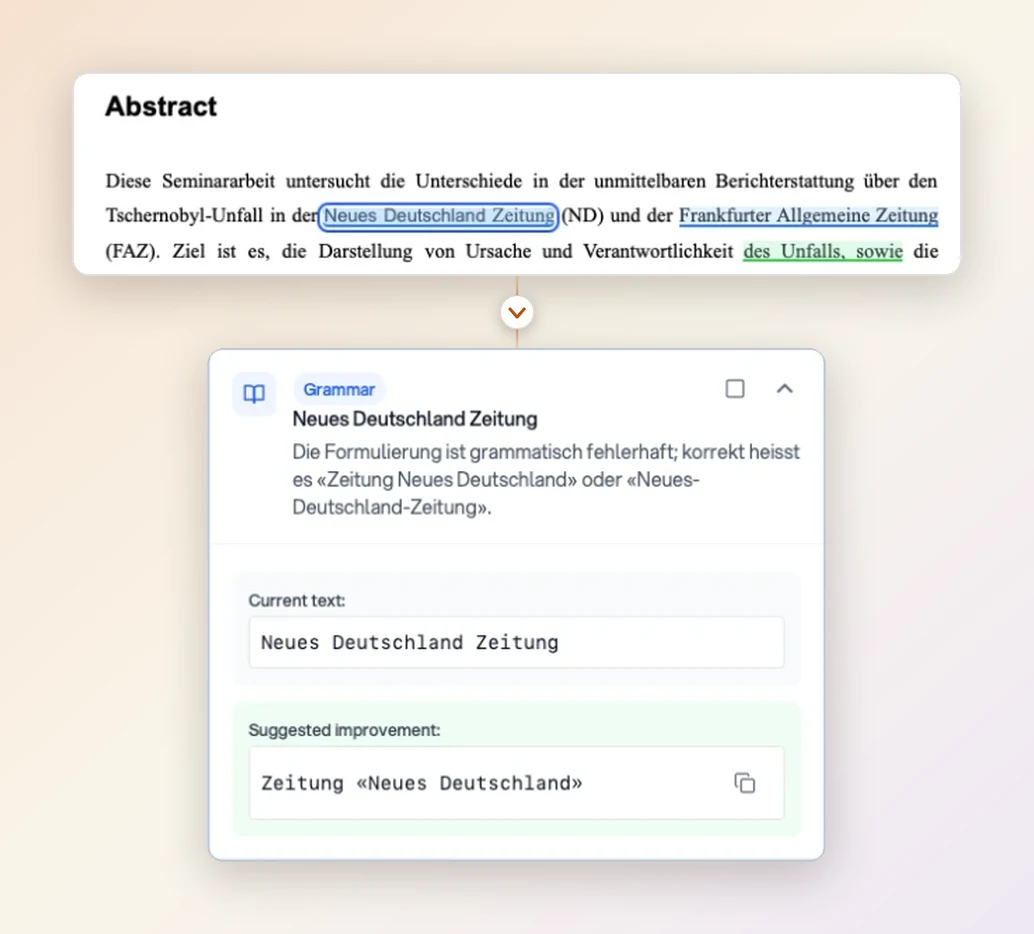 PaperCheck page feedback: a phrase underlined in a thesis, and its feedback card showing the current text and a suggested improvement